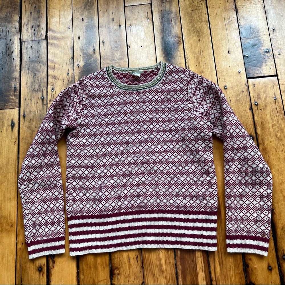 J Crew Sweater Women’s Medium Lambswool Fair Isle Pullover Nordic Geometric Red